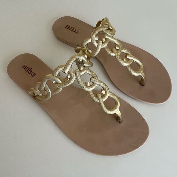 Melissa Success Chain Link Thong Sandals Womens 8 Gold Jelly Shoes Dressy Comfy - Picture 2 of 10